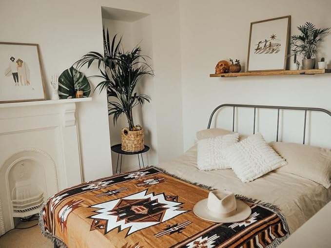Aztec Throw Blanket Native American Blanket Southwestern Boho Decor Reversible Woven Tassels Mexican Blankets and Throws for Couch Bed Chair Wall Tapestry Livingroom Outdoor Beach Brown 51"x63"