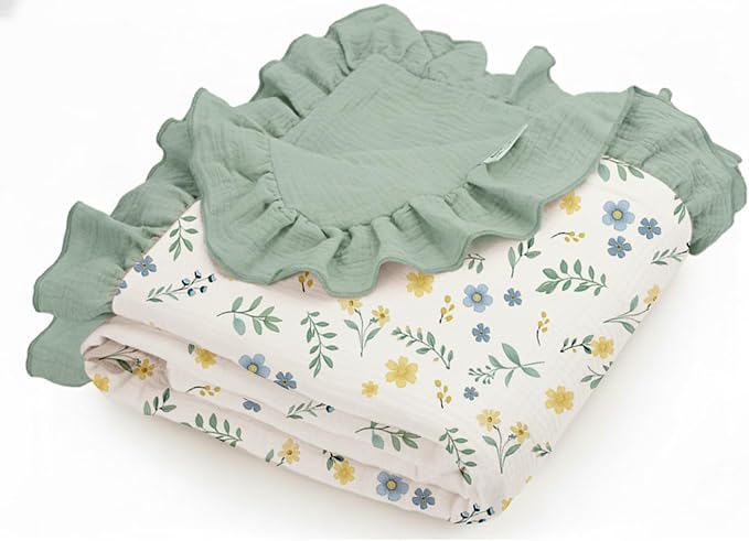 Muslin Ruffled Baby Blanket, Extra Large 52 x 52 Inches, Soft Breathable Cotton Crib Blanket for Newborn Infant Toddler (Spring Garden-Ruffled, Printed)