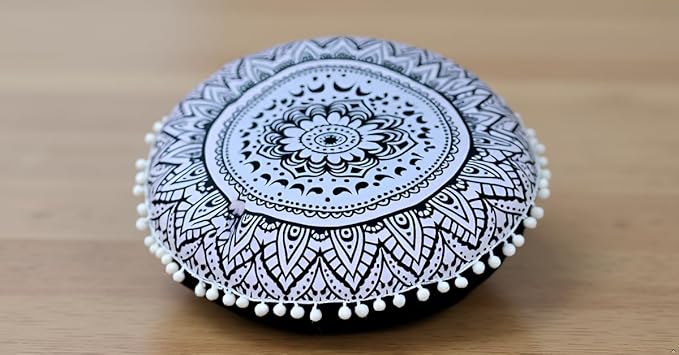 Round Mandala Floor Pillow Cover Seating Cushion Throw Cover Hippie Decorative Bohemian Ottoman Pouf Cover, Pom Pom Pillow Cases,Boho Indian 22 Inches (Black Flower)