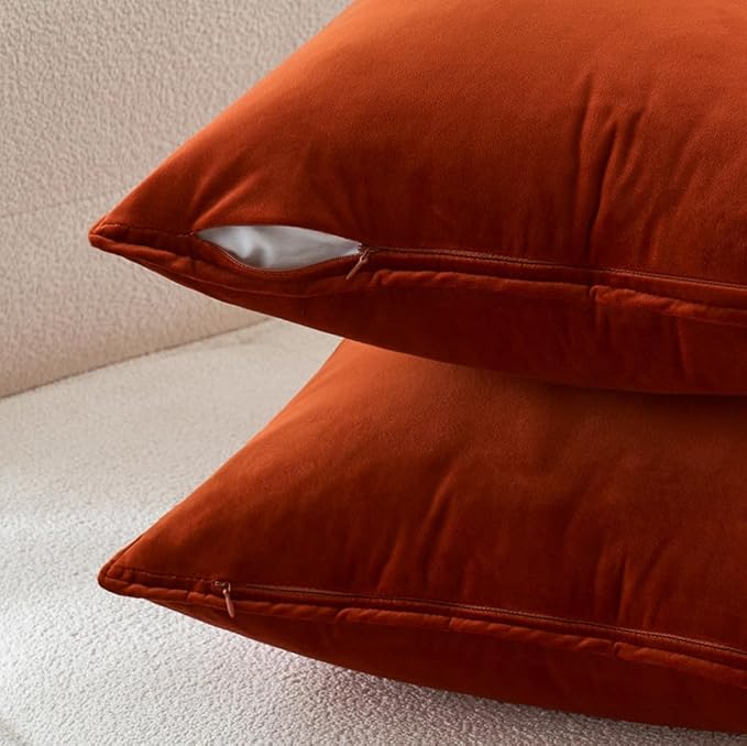 MIULEE Burnt Orange Velvet Throw Pillow Covers 18x18 Soft Decorative Solid Square Cushion Cases Pack of 2 Modern Luxury Home Decor for Couch, Sofa, Bedroom