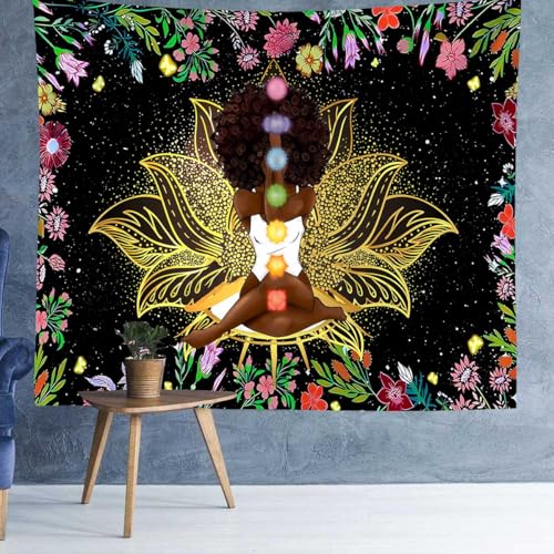 Ine Ive African Chakra Tapestry African American Woman Zen Meditation Poster Starry Sky Flower Garden Inspirational Afro Yoga Wall Art Tapestry for Bedroom Dorm Decor (60x60 inch) - size: 60x60 inch