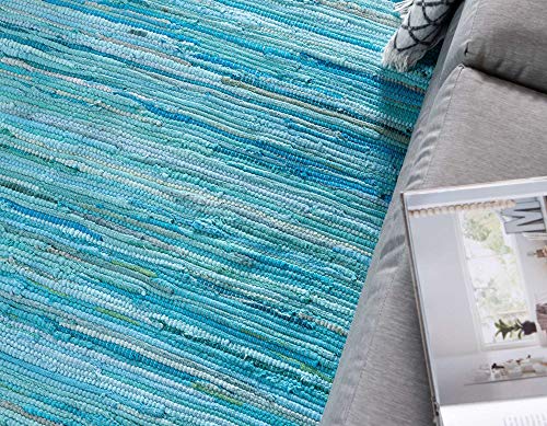 Unique Loom Chindi Cotton Collection Soft Hand Woven Natural Fiber Striped Area Rug, 2 ft 2 in x 3 ft, Turquoise/Ivory - color: Turquoise/Ivory, size: 2'2" x 3' (Rectangular)