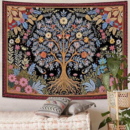 Spenlife Tree of Life Tapestry, Dark Whimsical Floral Tapestries for Bedroom, Cottagecore Wall Decor, Nature Tapestries (60" x 44") - color: Green Red, size: 60"L x 44"W