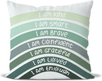 QIYUHOY Boho Sage Eucalyptus Green Rainbow Classroom Throw Pillow Covers, Olive Green Pillow Cover, Book Center Calming Corner Playroom Decor Pillow Case,I Am Kind Smart Brave Confidence,18x18 Inch