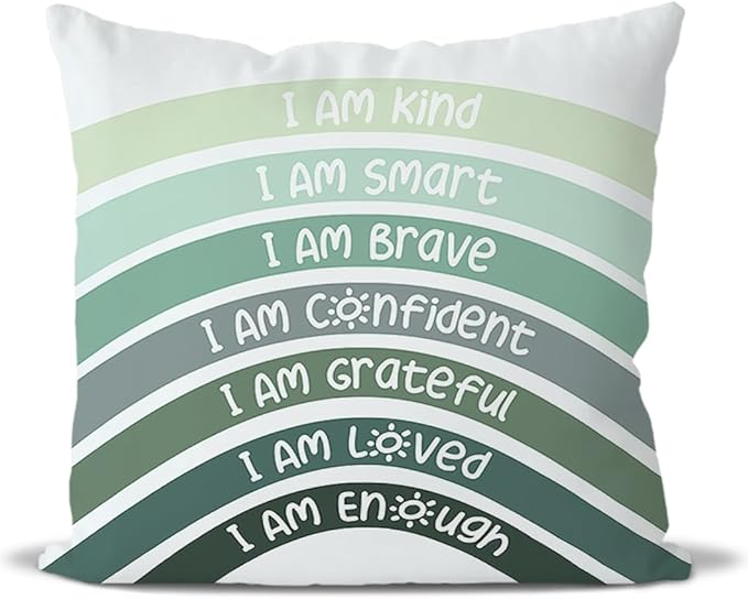 QIYUHOY Boho Sage Eucalyptus Green Rainbow Classroom Throw Pillow Covers, Olive Green Pillow Cover, Book Center Calming Corner Playroom Decor Pillow Case,I Am Kind Smart Brave Confidence,18x18 Inch