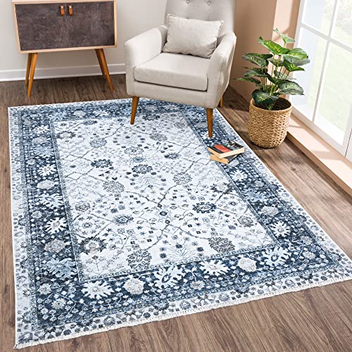 Bloom Rugs Washable Non-Slip 2x3 Rug - Navy Blue Traditional Bordered Area Rug for Living Room, Bedroom, Dining Room, and Kitchen - Exact Size: 2' x 3' - color: Navy Blue, size: 2' x 3' (Rectangular)