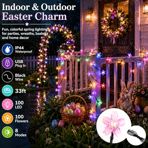 Pastel Flower Fairy Lights String with Timer for Easter Christmas Decor, | USB plug in 8 modes multicolored cherry blossom lights for wedding, Christmas Easter, bedroom, indoor outdoor decorations - color: 33ft Multicolor Flower Lights