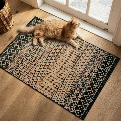 Moroccan Door Mat Indoor Entrance, 2x3 Machine Washable Small Rug for Bedroom, Non-Slip Low Pile Natural Brown Rug Farmhouse Rugs for Entryway Kitchen Bathroom - color: Natural/Brown, size: 2' x 3' (Rectangular)