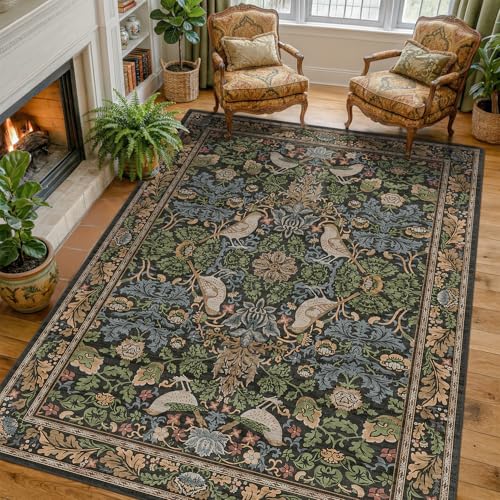 Hazo Haus Vintage Floral Area Rug 5x7 for Living Room - Dark Green Forest Bird Rugs for Bedroom, Dining Room, Office, Non Slip Stain Resistant Low Pile - color: Dark Green / Brown, size: 5' x 7' (Rectangular)