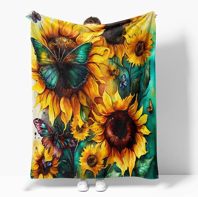 Sunflower Throw Blankets for Couch,Farmhouse Wildflower Blankets Green Butterflies Insect Floral Design Cozy Luxury Rustic Yellow Flower Blue Teal Flannel Bed Blanket for Women Girl 70"x80"