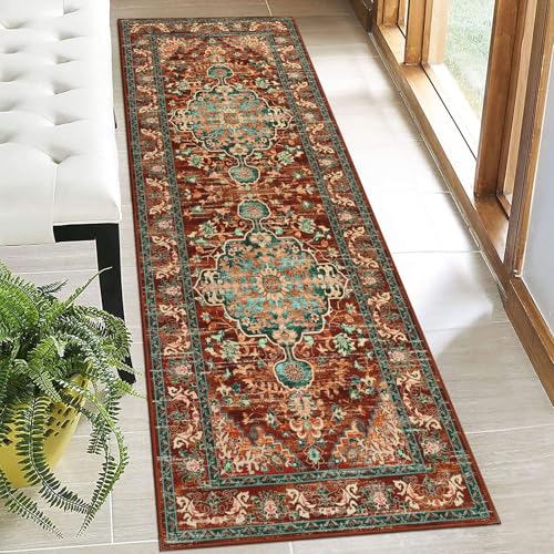 U'Artlines 2' x 6' Boho Hallway Runner Rug, Non Slip Washable Vintage Farmhouse Accent Area Rug Carpet for Kitchen Entryway Laundry and Living Room (Rust＆Teal) - color: Rust＆teal, size: 2' x 6' (Runner)