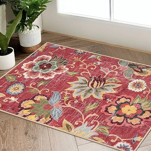 Beeiva Red Kitchen Rugs Non Slip Washable, 2x3 Floral Christmas Kitchen Entry Rug for Entryway Indoor Ultra Thin Small, Vintage Non-Shedding Front Door Mat Indoor Entrance Throw Carpet for Bathroom - color: Red, size: 2' x 3' (Rectangular)