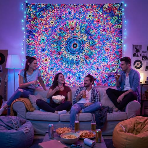 PRRPRR Blacklight Mandala Tapestry for Bedroom, UV Reactive Trippy Wall Tapestry, Bohemian Aesthetic Wall Art Decor for Adults Teens (Mandala, 78"x59") - color: Mandala Tapestry Purple, size: 78"L x 59"W