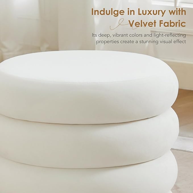 Flouki 20.1" Storage Ottoman Round, Vanity Stools for Bedroom, Entryway Ottoman for Console Table, Ottoman Stool for Girls Women, Foot Stool for Living Room, Set of 2, Velvet White