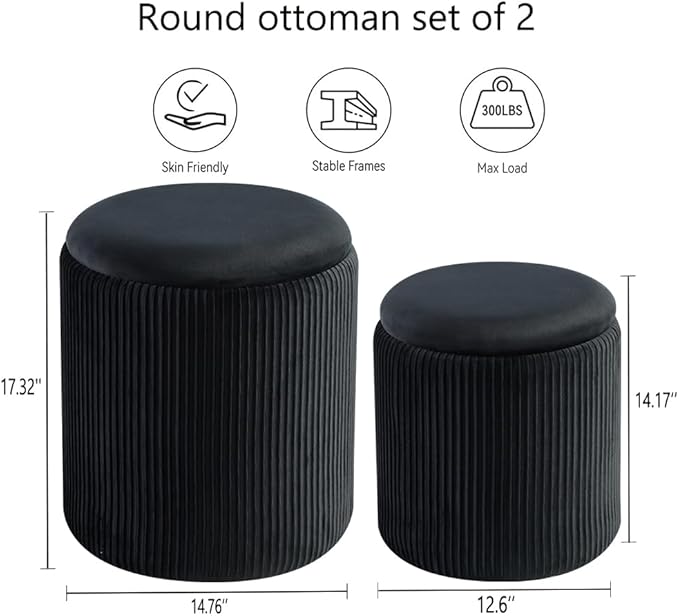 Round Set of 2 Ottoman with Storage-Upholstered Velvet Vanity Stool for MakeupMultifunctional Ottomans Coffee Table Padded Seat Foot Rest for Living Room&Bedroom (Black)