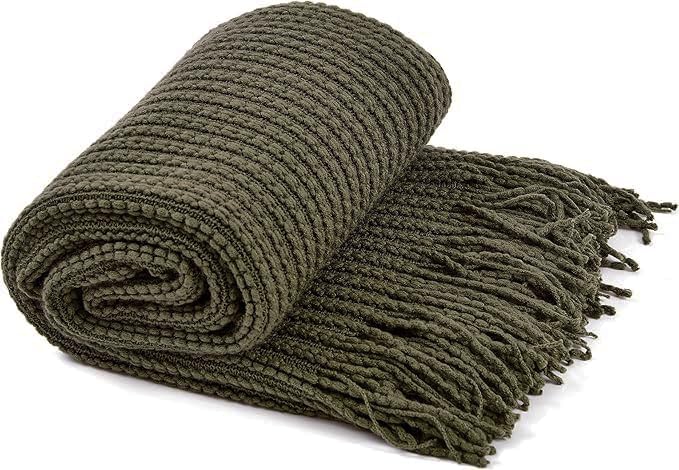 Blagic Knitted Throw Blanket for Couch Soft Farmhouse Boho Throw Blanket with Tassels Home Decorative Lightweight Throw Blankets,Dark Green Throws for Bed/Chair/Sofa, Wheat Textured, 50" W x 60" L