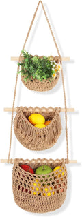 3 Tier Hanging Fruit Basket, Wall Hanging Vegetable Fruit Baskets Cotton Woven Storage Baskets for Organizing, BOHO Wall Basket Decor, Over the Door Organizer for Kitchen, Bedroom, Bathroom