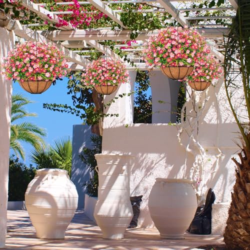 Ouddy Decor Artificial Hanging Flowers with Basket, Faux Silk Flowers in Coconut Lining Basket, Spring Summer Outdoor Decor Fake Hanging Plants for Garden Patio Yard Porch Lawn, Pink - color: Pink