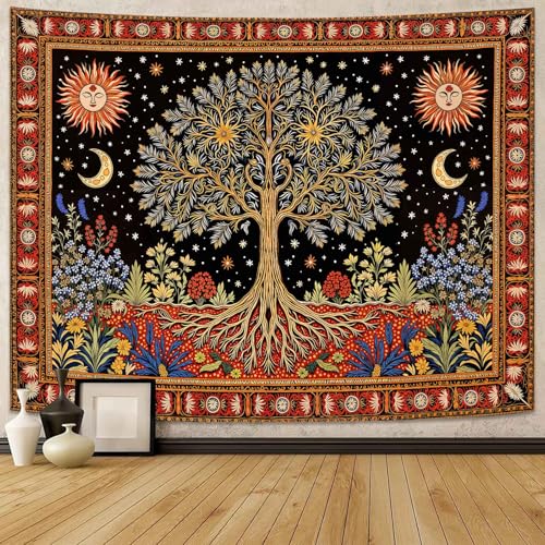 Lunerfex Tree of Life Wall Tapestry - Celestial Sun & Moon Wall Hanging for Bedroom and Living Room Decor - Boho Starry Night Tapestries 60"x44" - color: Black Orange, size: 60"L x 44"W