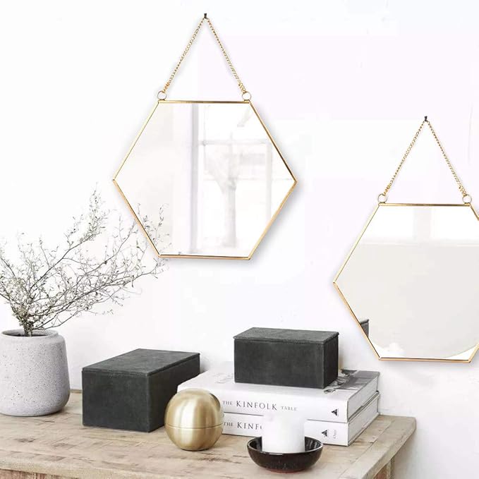 LONGWIN Hanging Wall Hexagon Mirror Decor Gold Geometric Mirror with Chain for Bathroom Bedroom Living Room 11.8"x 10.2"