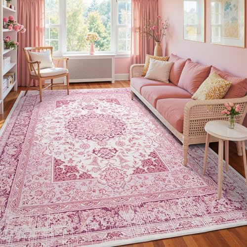 Macgace 5x7 Bright Pink Area Rug for Living Room, Machine Washable Rugs with Non-Slip Backing for Girls Bedroom, Cute Vintage Carpet for Kitchen Laundry Kids Room - color: Pink & White, size: 5' x 7' (Rectangular)