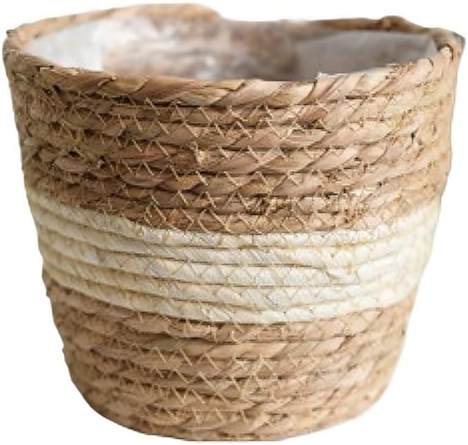 Water Hyacinth & Corn Stalk Woven Plant Basket with Plastic Liner Indoor Rustic Planter Basket for Home Floor Potted Plants Decorative Flower Pot Holder(7.09inch)