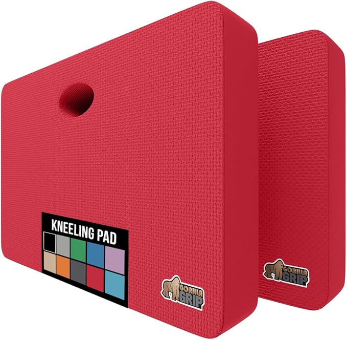 GORILLA GRIP Extra Thick Patent Pending Supportive Foam Kneeling Pad, 2 PK, Large Cushion Knee Pads for Gardening, Baby Bath, Dirt and Water Resistant, Workout and Garden Supplies, 17.5x11, Red