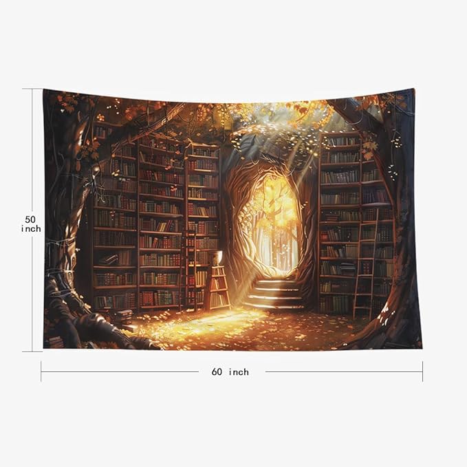 EMMTEEY Enchanting Library Art Tapestry 60X50 Inch - Fairytale Bookshelf Wall Art Fantasy Medieval Backdrop for Living Room Dorm