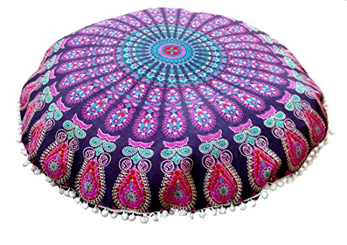 Rastogi Handicrafts 32" COR Mandala Floor Pillow Cushion Seating Throw Cover Bohemian Ottoman Poufs, Pom Pom Pillow Cases,Boho Indian (Purple 2) - color: Purple 2