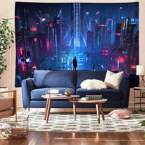 Aidatain Punk Cityscape Tapestry Skyscrapers Skyline 3D Urben Building Neon Lights Night Wall Hanging Tapestries Flannel Large Size 80" 60" for Bedroom Living Room GTWHAT102 - color: Punk Cityscape