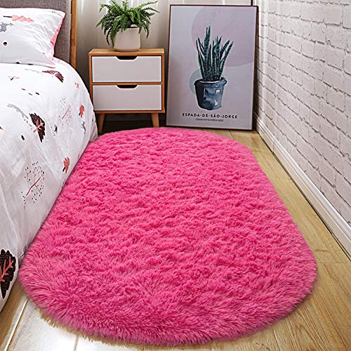 junovo Ultra Soft Washable Shaggy Rug - Non-Slip Oval Carpet for Nursery, Kids Bedroom & Home Decor (2.6x5.3ft Hot-Pink) | Plush Fluffy Floor Mat for Cozy Living Spaces - color: Hot-pink, size: 2.6' x 5.3'