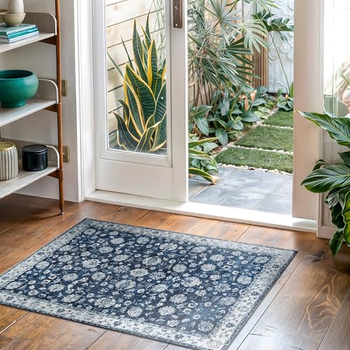 Bloom Rugs Washable Non-Slip 2' x 3' Rug - Dark Blue Traditional Bordered Area Rug for Living Room, Bedroom, Dining Room, and Kitchen - Exact Size: 2' x 3' - color: Dark Blue, size: 2' x 3' (Rectangular)