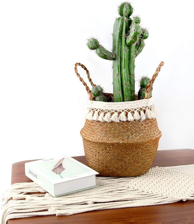 Boho Woven Seagrass Belly Basket for Storage Plant Basket or Toy Basket Living Bathroom (Medium, Beige)