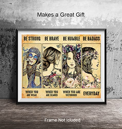 Be strong Be Brave Be Badass Poster - Boho-chic Bohemian Wall Decor - Motivational Feminism Wall Art - Inspirational Positive Quotes - Encouragement Gifts for Women Girls Teens - Hippie Room Decor - size: 8"L x 10"W
