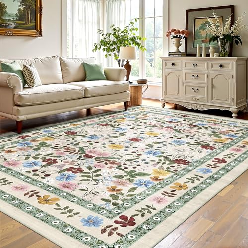 Deerly Floral Area Rugs 5x7 Vintage Boho Washable Non-Slip Living Room Carpet Soft Low Pile Colorful Thin Bedroom Floor Mat Indoor for Dining Room Playroom Nursery Farmhouse, Beige/Green/Multi - color: Beige/Green/Multi, size: 5' x 7' (Rectangular)