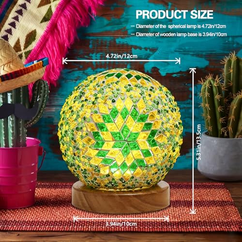 Table Lamp Turkish Mosaic Glass Night Light Bohemian Spherical Decorative Lamp for Dining Room Ambient Lighting Thanksgiving Party Living Room Decor Unique Home Gift (Boho-Green, Boho)4.72"*5.31" - style: Retro