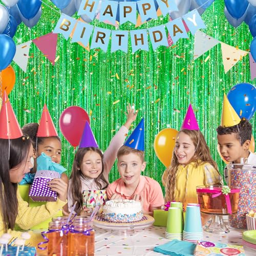 Crosize 2 Pack 3.3 x 9.9 ft Laser Green Foil Fringe Curtains Party Decorations,Tinsel Curtain Backdrop for Parties, Door Streamers, Glitter Streamer Backdrop for Birthday Decoration - color: Laser Green, size: 2 Pack