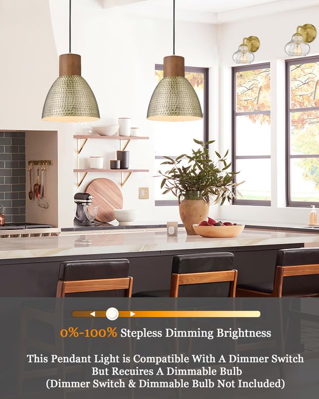ELYONA Hammered Pendant Light Fixtures, 10.2" Vintage Metal Solid Wood Hanging Bar Lamp, Mid Century Antique Gold Pendant Lights for Kitchen Island, Farmhouse, Dining Room, Brushed Brass - color: Brass - 1 Pack
