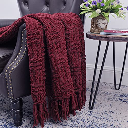 Home Soft Things Cable Knitted Throw Blankets 50'' x 60'', Burgundy, Soft Cozy Fluffy Decorative Throw with Tassels Couch Bed Sofa Cover Throw Blankets - color: Burgundy, size: 50" x 60"