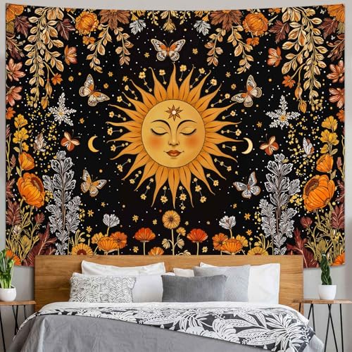 Kanuyee Sun and Moon Tapestry Nature Style Tapestry for Bedroom Celestial Starry Sky tapestries Wall Hanging Aesthetic Room Decor Smiling Sun with Butterflies 80"x60" - color: Black Orange, size: 80"L x 60"W