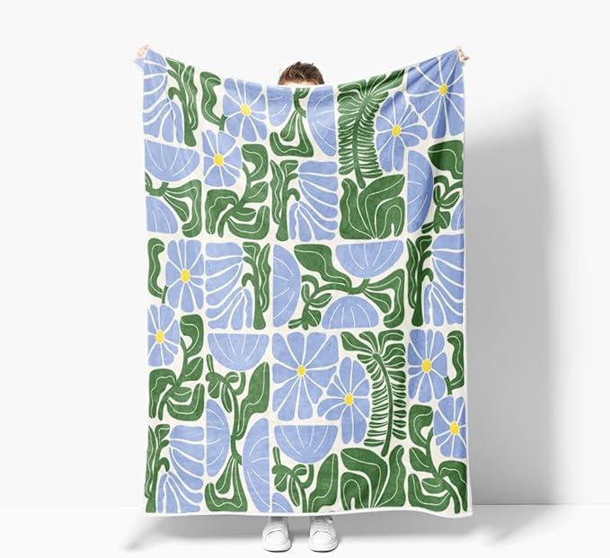 Boho Abstract Colorful Floral Throw Blanket, Vintage Retro Patchwork Blue Green Flower Botanical Geometric Aesthetic Groovy Flannel Throw Blanket for Chair Bed Sofa Couch, 50X60IN