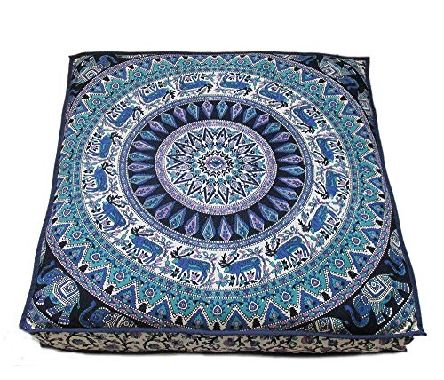CRAFT KALA Mandala Floor Pillow Cushion Cover Seating Throw Cover Hippie Decorative Bohemian Ottoman Poufs Pillow Cases Boho Indian Cotton Living Room Yoga Home Décor (24" Square, Green Deer Elephant) - color: Green Deer Elephant, size: 24" x 24" (Pack of