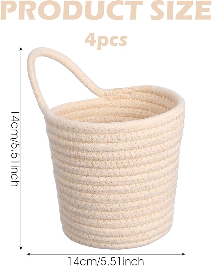 4 Pack Hanging Woven Basket, Small Hanging Basket for Wall, Boho Style Cotton Rope Storage Organizer, Woven Wall Baskets for Home Decor (Beige, 5.5" x 5.5")