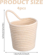 4 Pack Hanging Woven Basket, Small Hanging Basket for Wall, Boho Style Cotton Rope Storage Organizer, Woven Wall Baskets for Home Decor (Beige, 5.5" x 5.5")