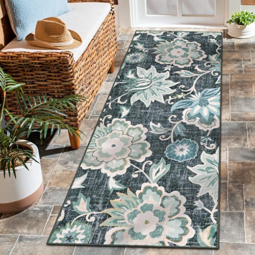 Beeiva Floral 2x5 Rug Runners for Hallways, Ultra Thin Blue Kitchen Runner Rug Washable, Vintage Plant Non-Shedding Bathroom Non-Slip Hallway Carpet for Entryway Bedroom Kitchen - color: Blue, size: 2' x 5' (Rectangular)