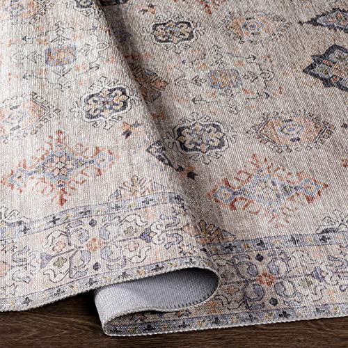 Hauteloom Beckett Machine Washable Area Rug - Distressed Border Medallion Diamond Floral - Traditional Oriental Transitional Oushak - Beige, Brick Red, Navy, Cream, Gray - 5'3" x 7' - color: Beige, Brick Red, Navy / Beckett, size: 5'3" x 7' (Rectangular)