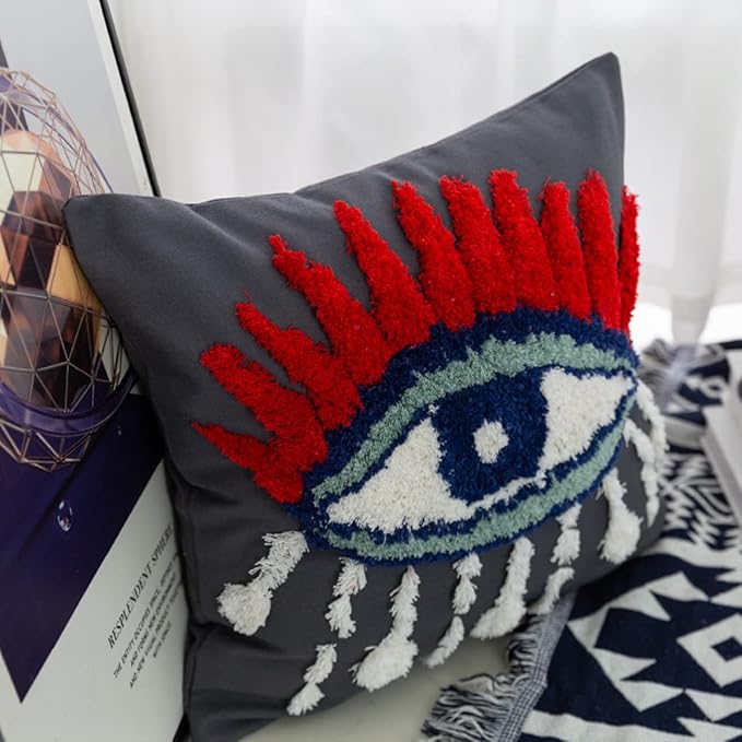 Evil Eye Woven Tufted Throw Pillow Cover,God Tears Cozy Cushion Cover for Bedroom Living Room Couch,Regalo para Navidad,18x18 Inches