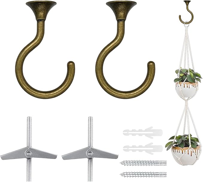2 Sets Heavy Duty Swag Ceiling Hooks for Hanging Plants with Hardware, Cavity WallFixing, Easy to Install, Holds Up to 30 lbs, Antique Brass for Home & Garden