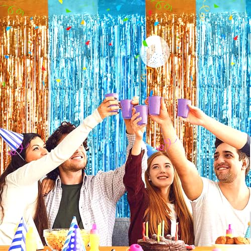 TONIFUL Orange Blue Door Streamers,Blue and Orange Photo Booth Backdrop Metallic Streamers Foil Fringe Curtain for Birthday,New Year,Graduation,Grad,Bachelorette Party Streamers Decoration - color: Orange Blue