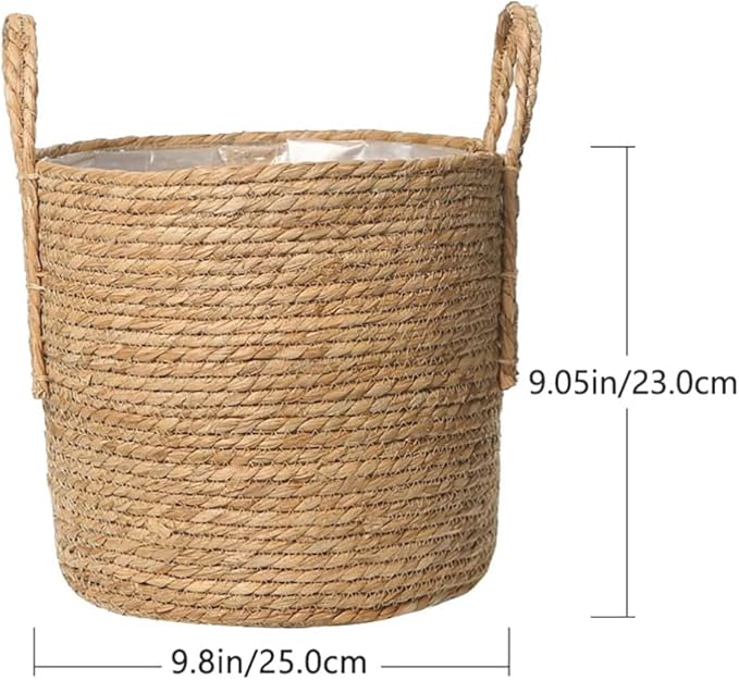 Zerodeko Flower Vase Seagrass Planter Basket Straw Plant Baskets Woven Basket Flower Plant Pot Wicker Plant Containers with Plastic Liner for Indoor Plants Laundry Room 25cm Grocery Basket